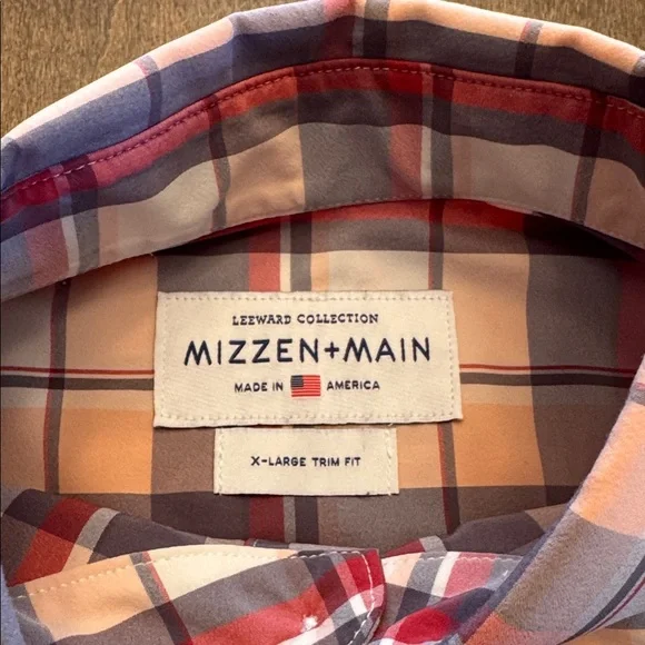 Mizzen+Main Men's XL Trim Fit Plaid Shirt - Pink, Peach & Gray Plaid - Picture 3 of 6
